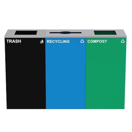 Alpine Industries 87 Gal. 3-Stream Steel Mixed and Open Square Lid Commercial Trash Can and Blue Recycling Station ALP4450-BLK-KIT18